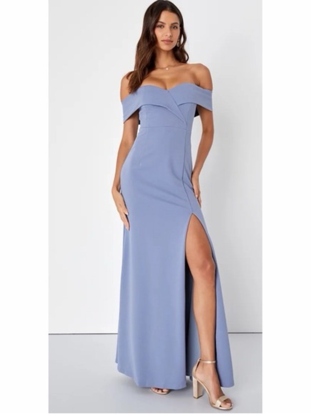 Lulus Song Of Love Off The Shoulder Maxi Dress Blue Gray